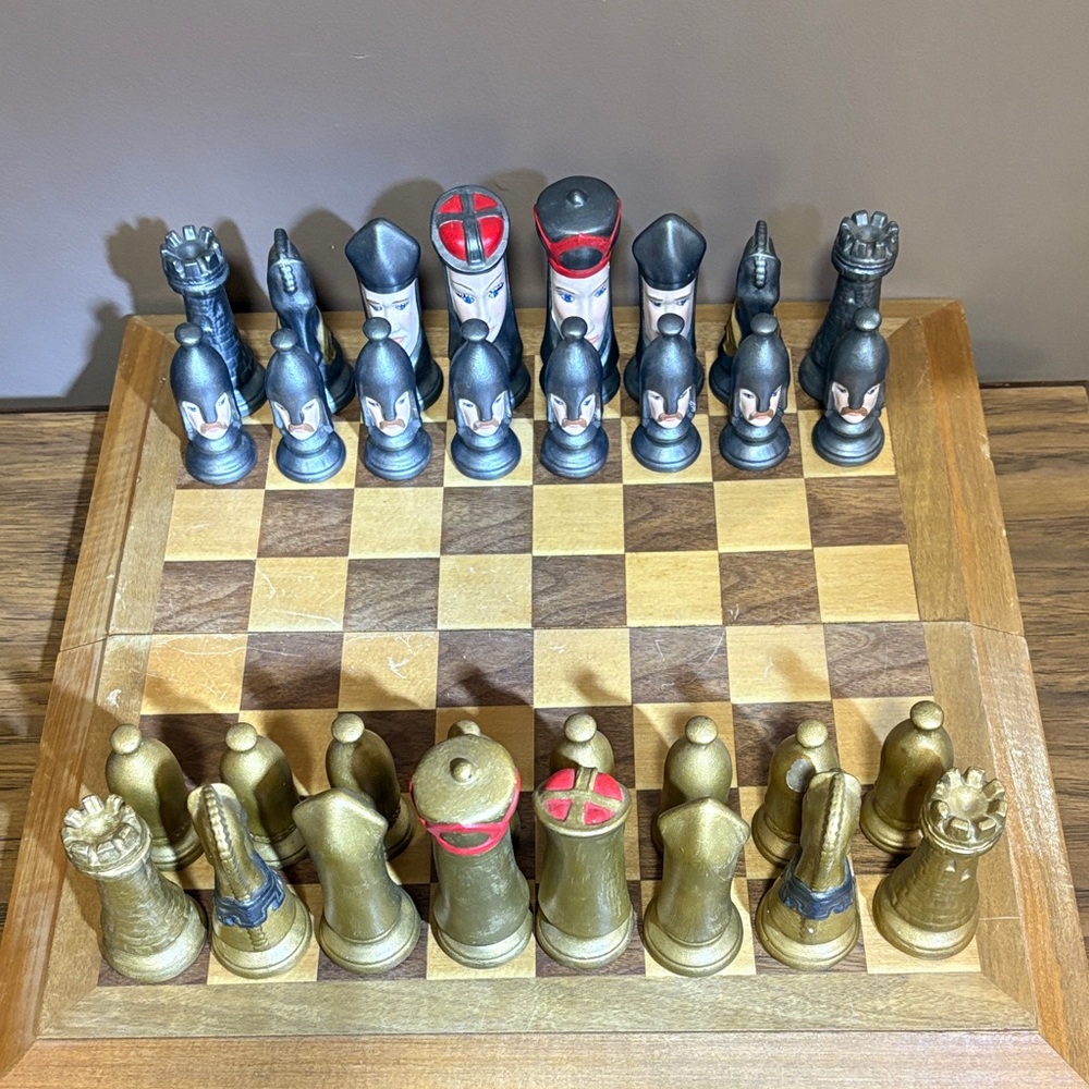 Ceramic Hand painted Chess Set with Gold and Silver Pieces. With board